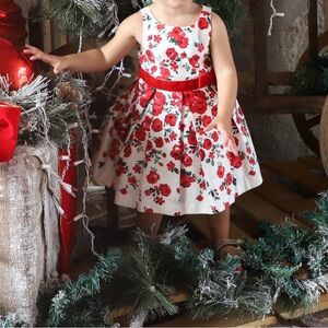 Janie and Jack White Dress with Red Rose Print and Velvet Bow (baby size 6-12m)